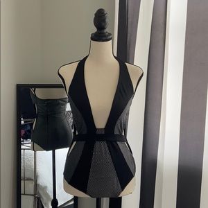 Foil Print Halter Swim Suit with Plunge Neck, S/M